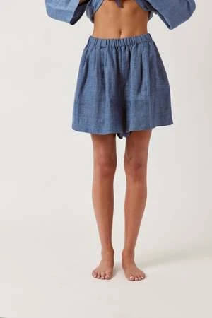 A MenteAmente Linen Pleated Short - Denim Blue 3 A MenteAmente Linen Pleated Short - Denim Blue