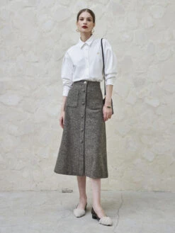 Maison De InesSemi Flared Tweed Skirt - Brown