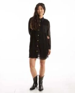 GanniPleated Georgette Shirt Dress - Black